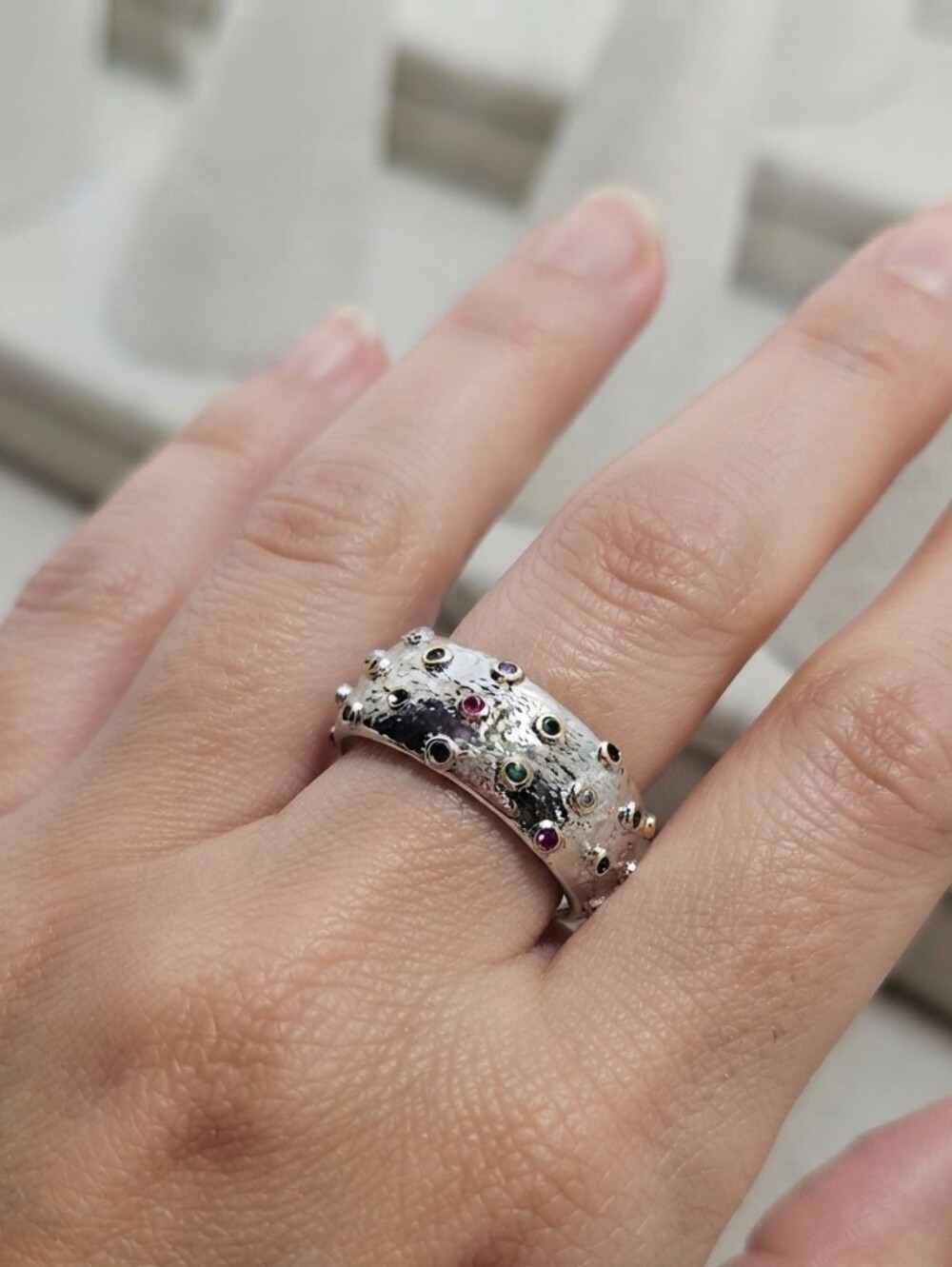 Silver Textured Ring Colorful Multi Gemstone Accents